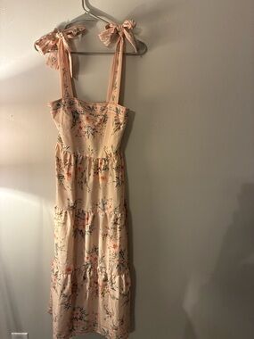 Goodnight Macaroon Blush Floral Midi Dress Tie Strap Smocked Back Size S